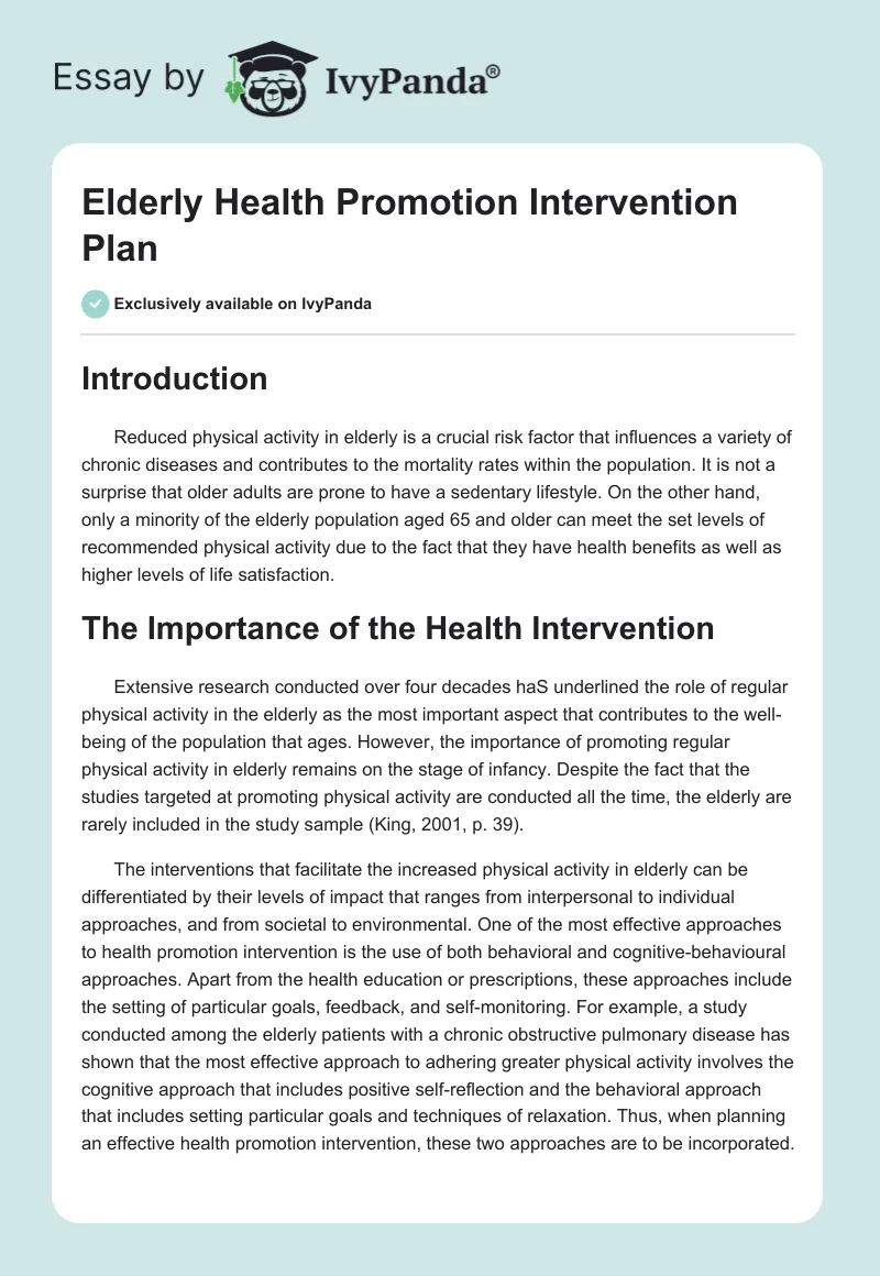 Elderly Health Promotion Intervention Plan. Page 1