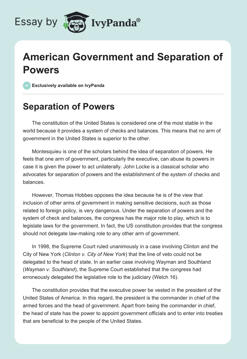 American Government and Separation of Powers. Page 1