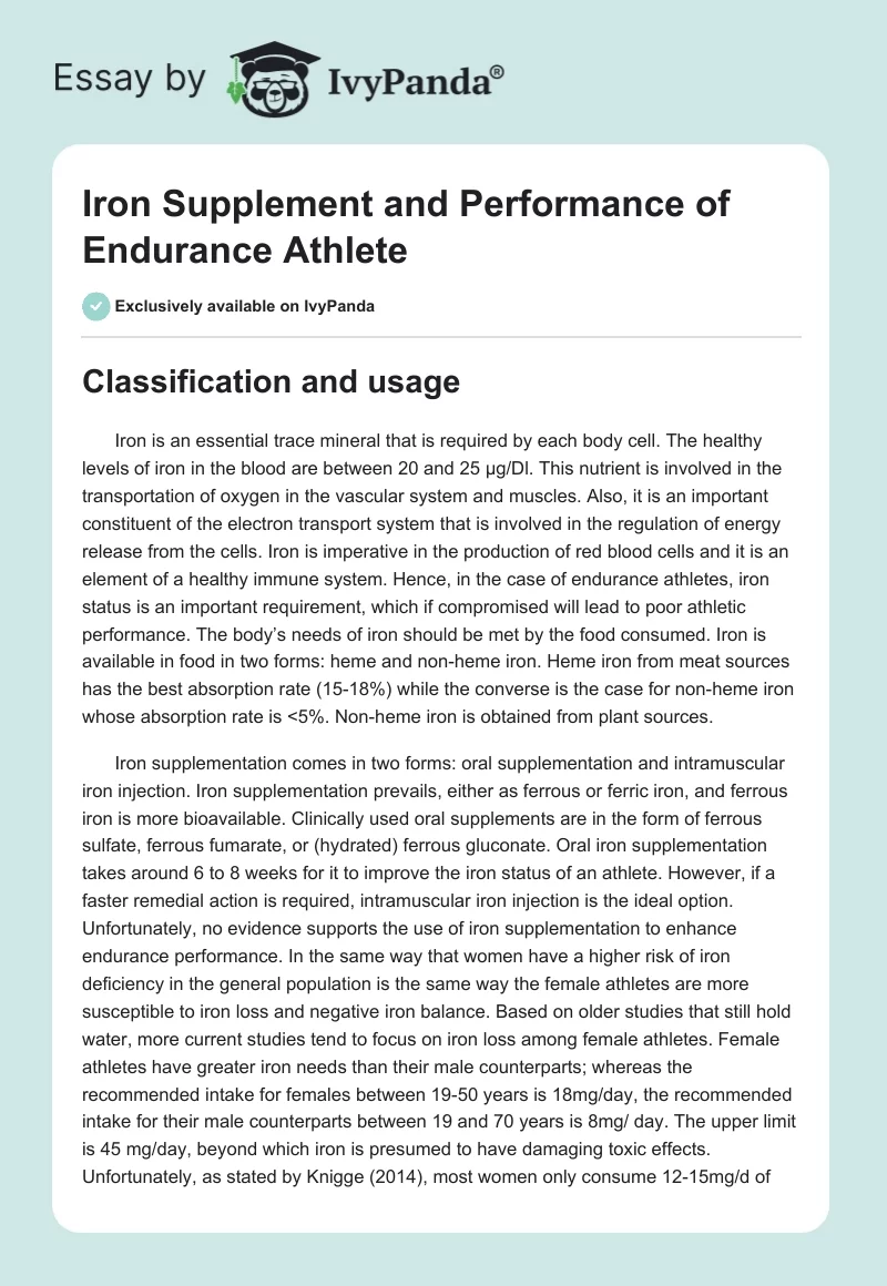 Iron Supplement and Performance of Endurance Athlete. Page 1