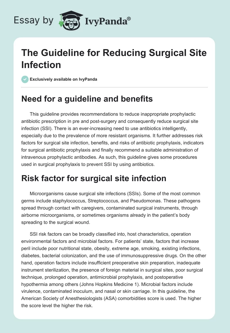 The Guideline for Reducing Surgical Site Infection. Page 1