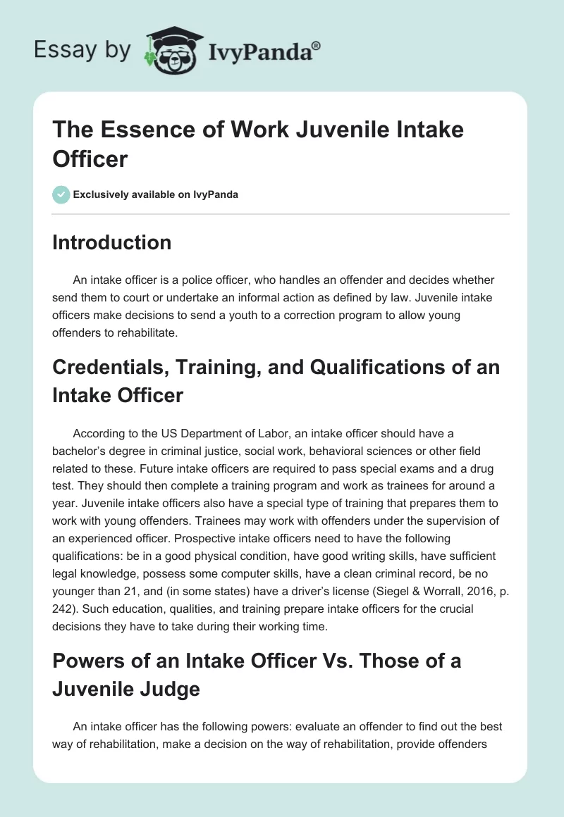 The Essence of Work Juvenile Intake Officer. Page 1