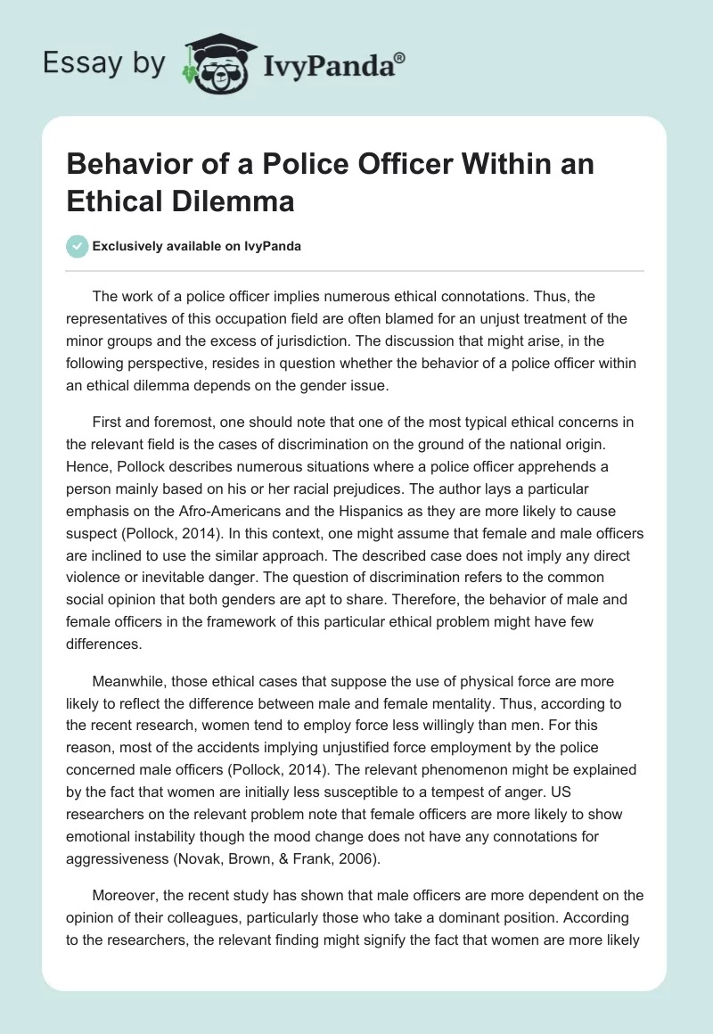 Behavior of a Police Officer Within an Ethical Dilemma. Page 1