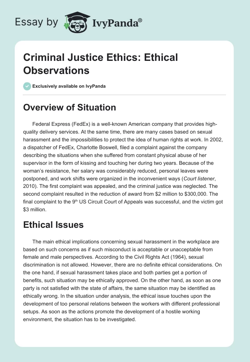 Criminal Justice Ethics: Ethical Observations. Page 1