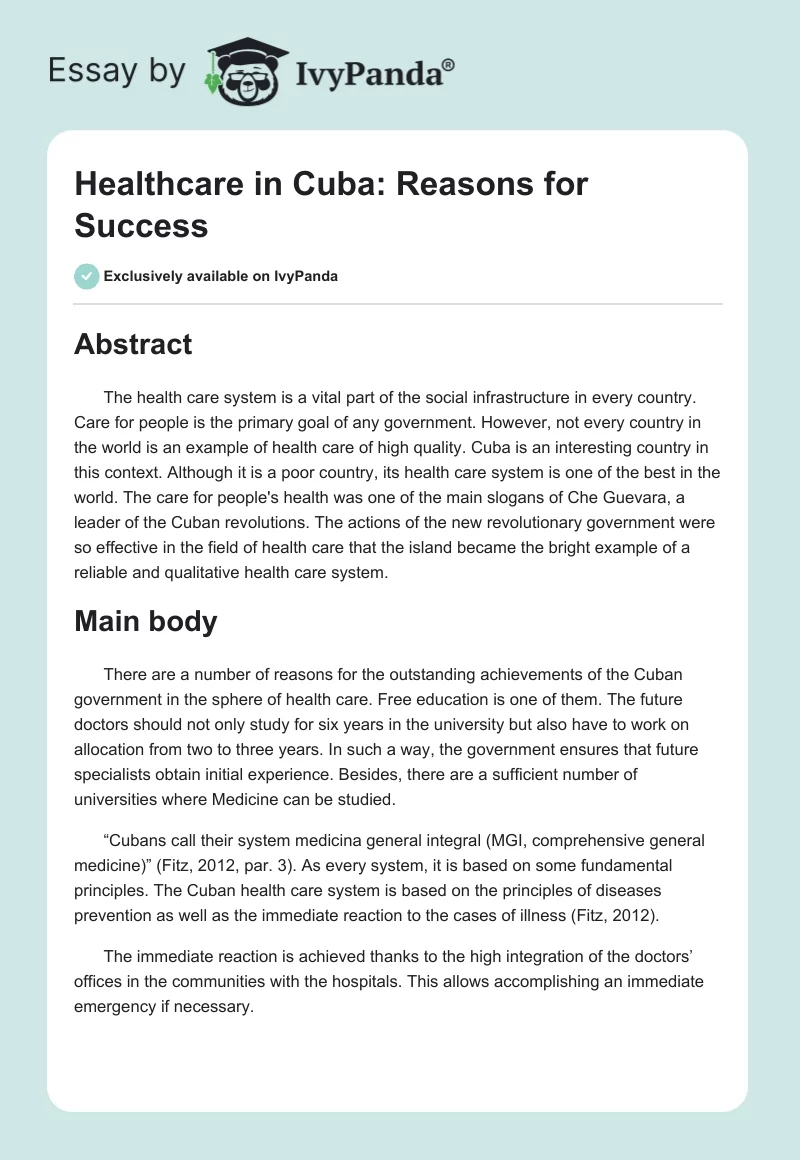Healthcare in Cuba: Reasons for Success. Page 1