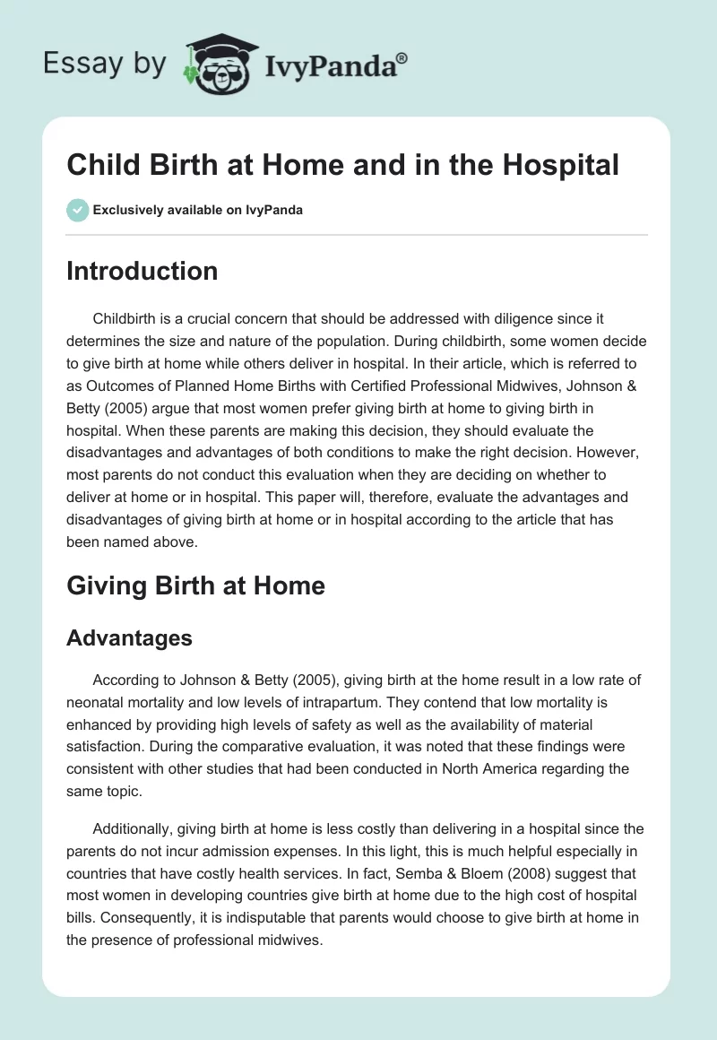 Child Birth at Home and in the Hospital. Page 1