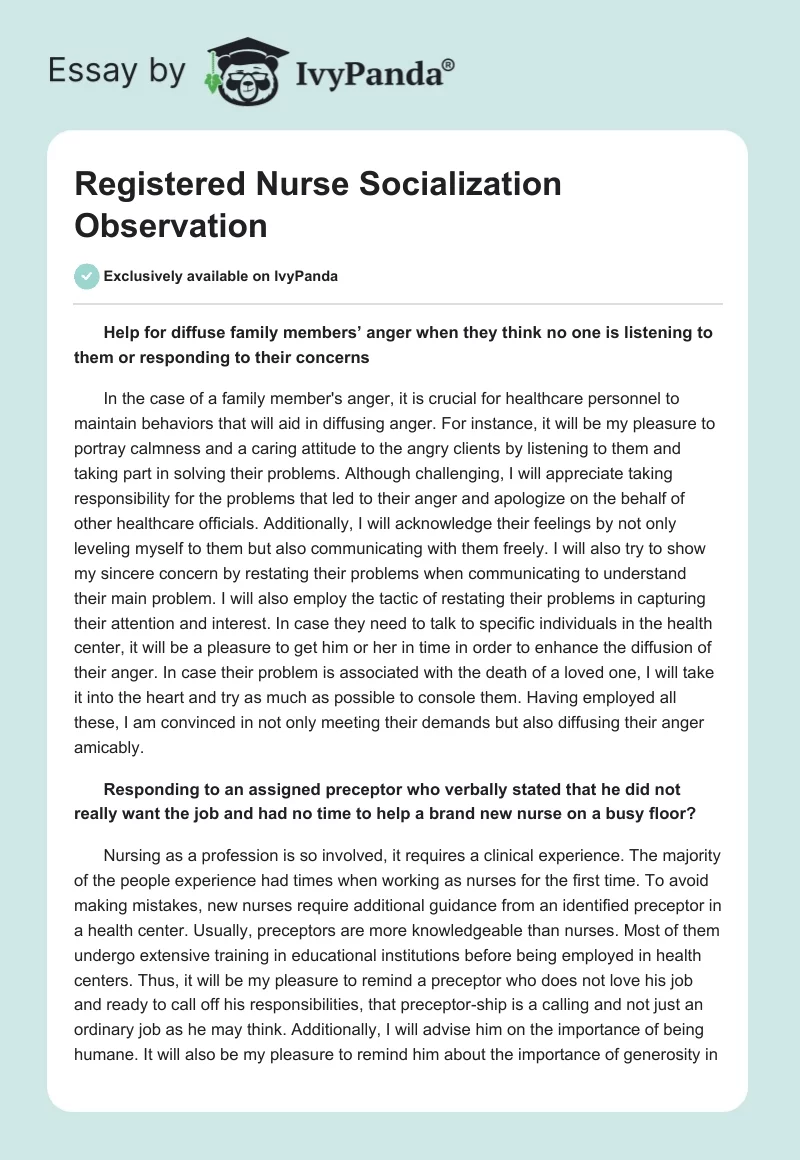 Registered Nurse Socialization Observation. Page 1
