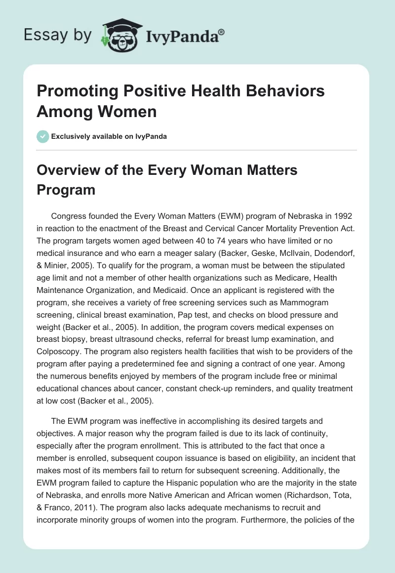 Promoting Positive Health Behaviors Among Women. Page 1