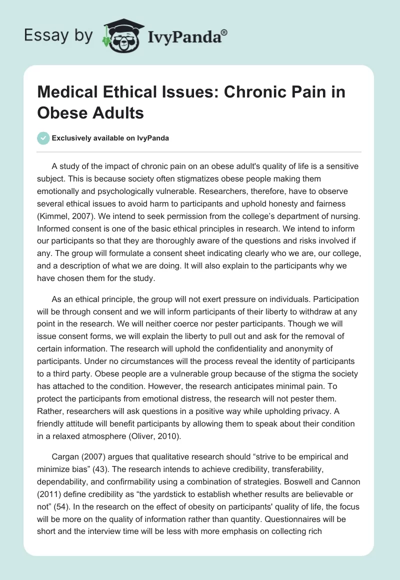 Medical Ethical Issues: Chronic Pain in Obese Adults. Page 1