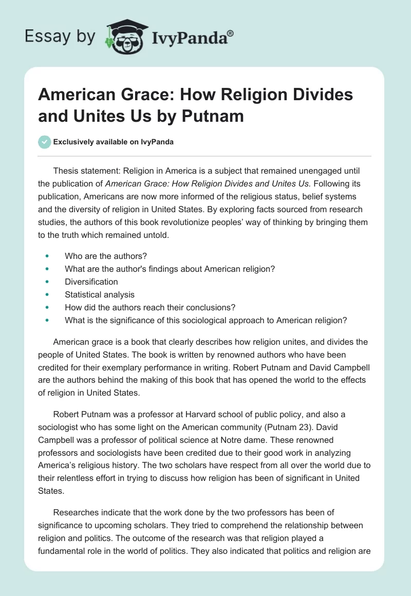 "American Grace: How Religion Divides and Unites Us" by Putnam. Page 1