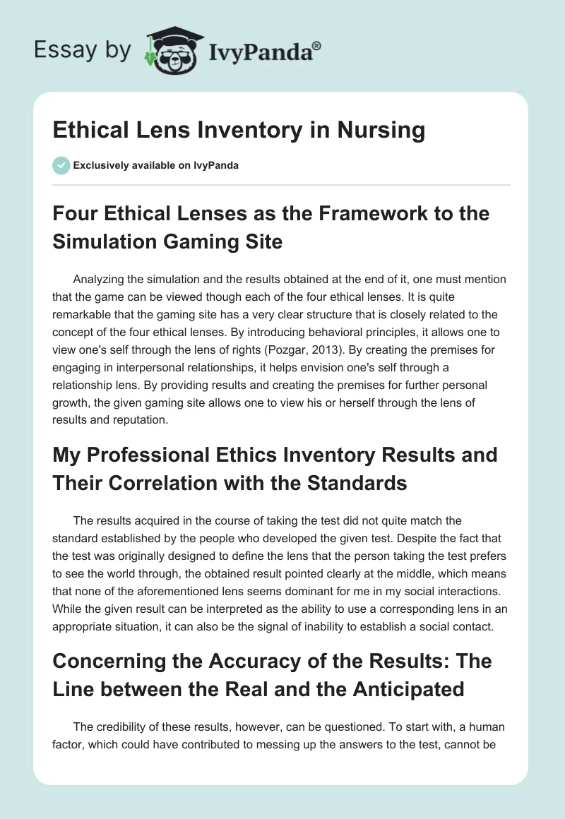 Ethical Lens Inventory in Nursing. Page 1