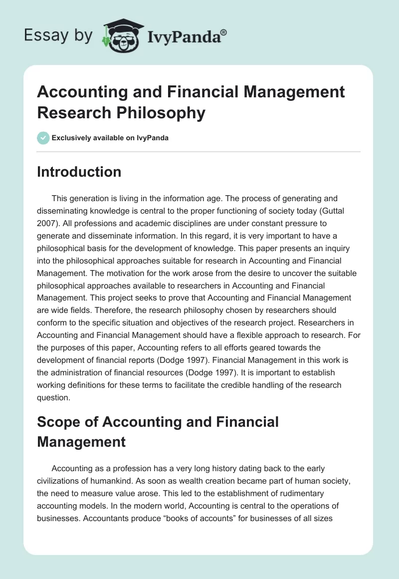 Accounting and Financial Management Research Philosophy. Page 1