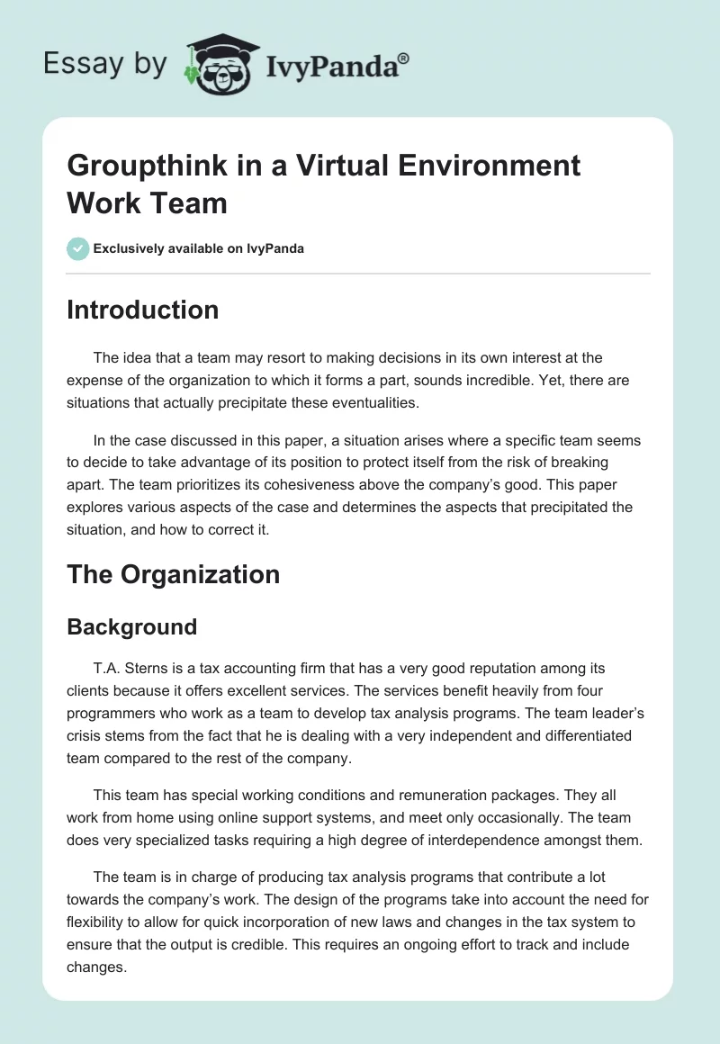 Groupthink in a Virtual Environment Work Team. Page 1