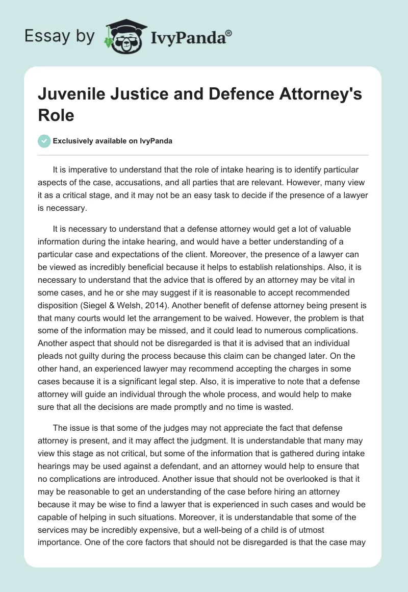 Juvenile Justice and Defence Attorney's Role. Page 1