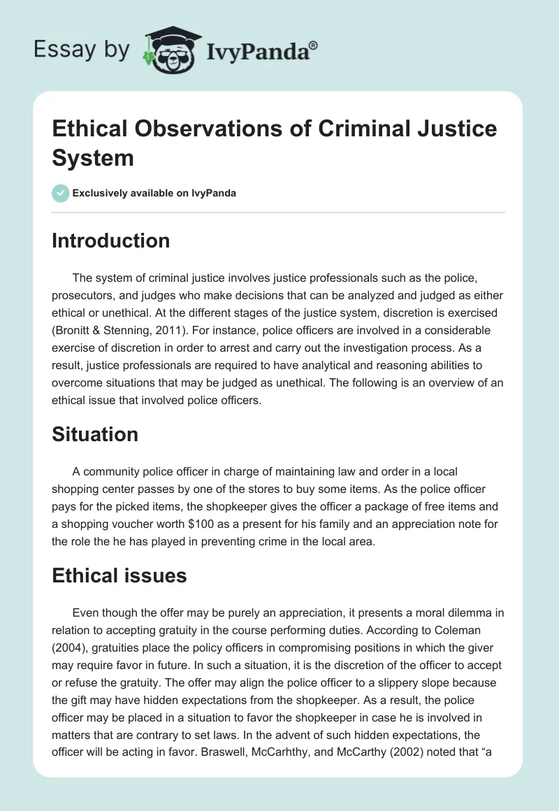 Ethical Observations of Criminal Justice System. Page 1