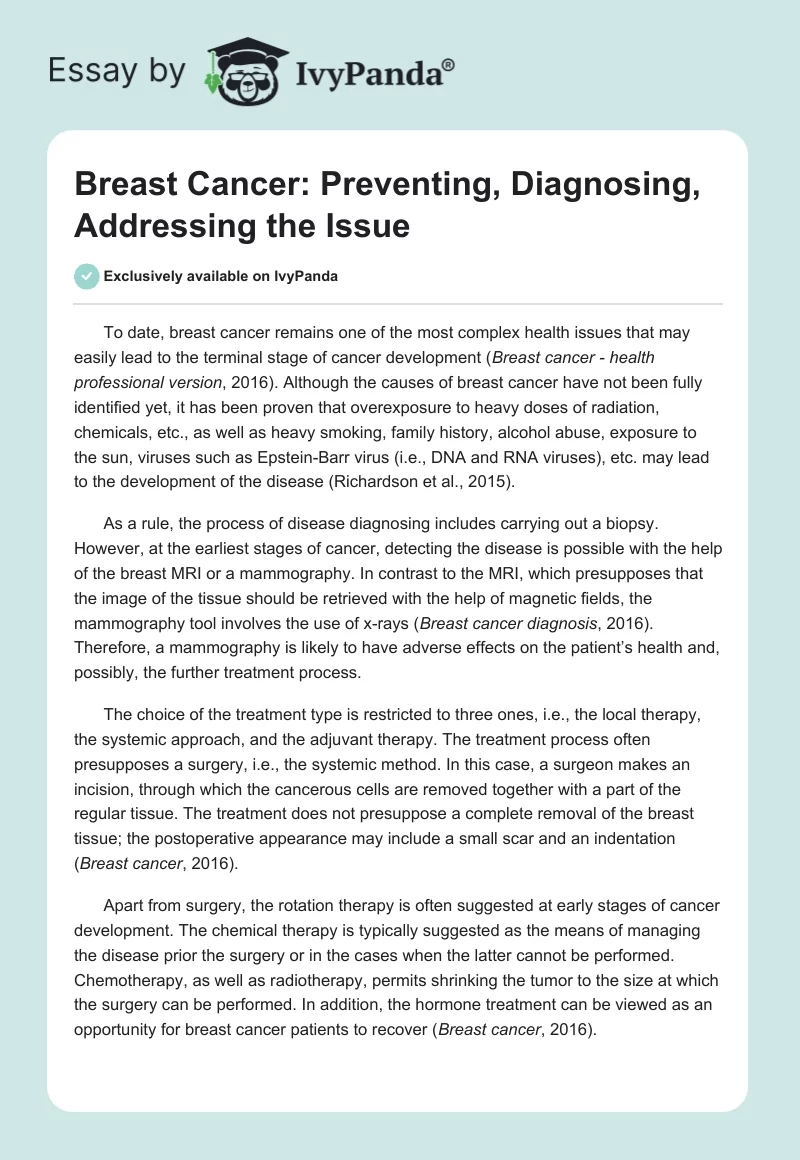 Breast Cancer: Preventing, Diagnosing, Addressing the Issue. Page 1