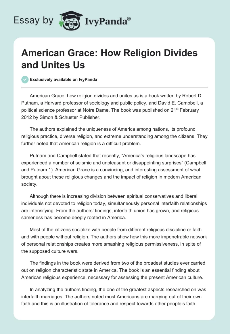 American Grace: How Religion Divides and Unites Us. Page 1