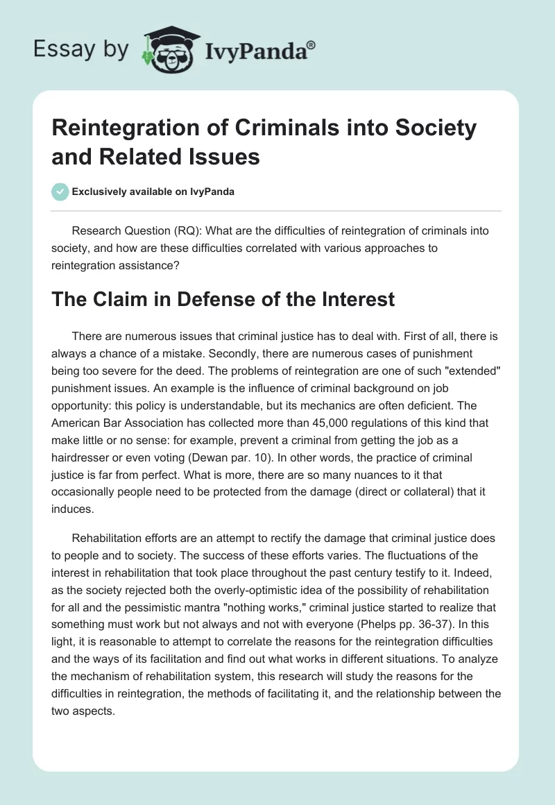 Reintegration of Criminals into Society and Related Issues. Page 1