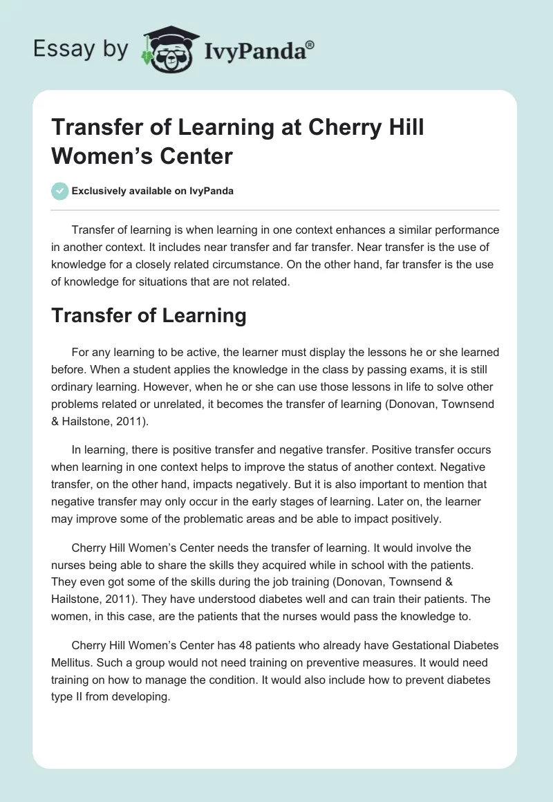 Transfer of Learning at Cherry Hill Women’s Center. Page 1