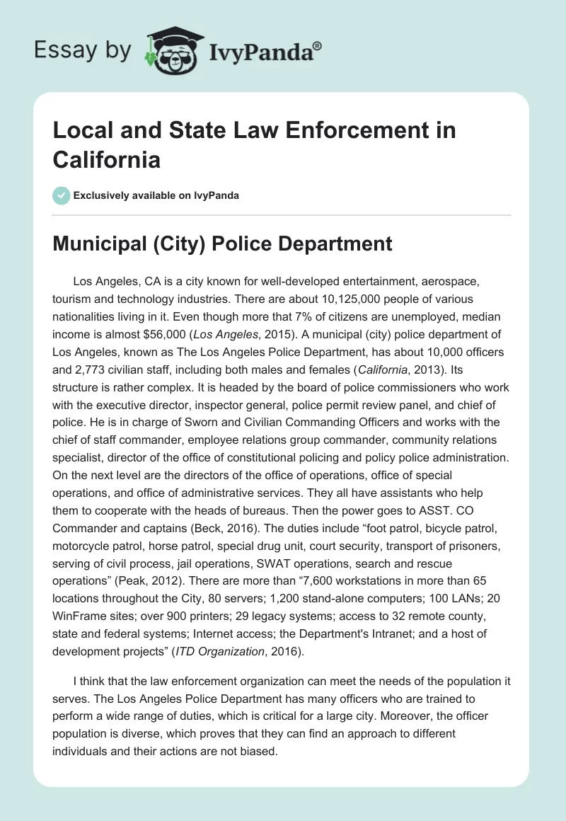 Local and State Law Enforcement in California. Page 1