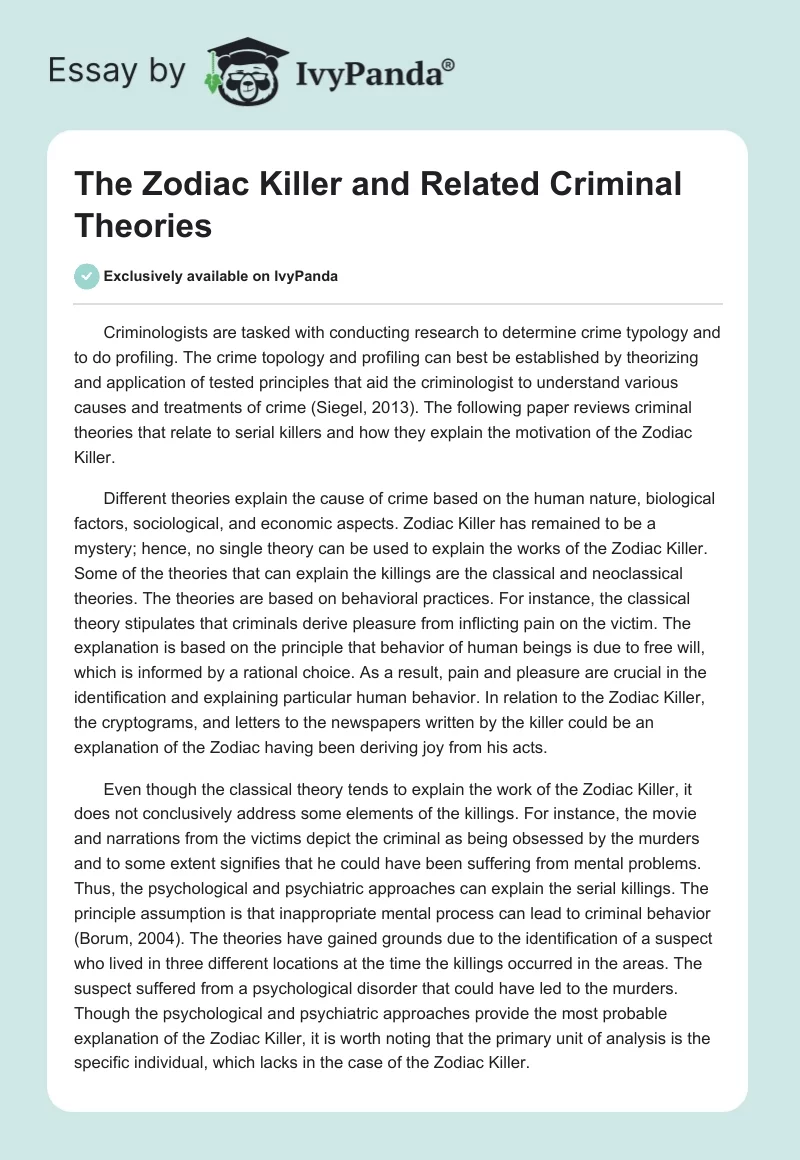 The Zodiac Killer and Related Criminal Theories. Page 1