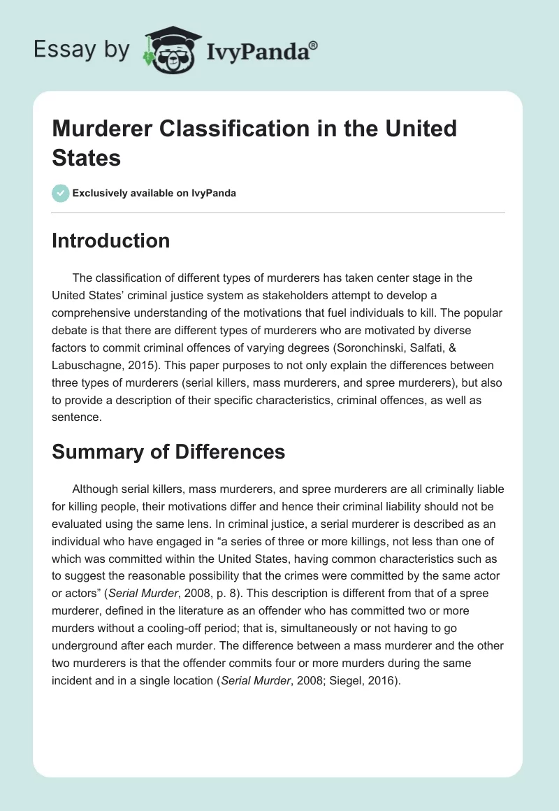 Murderer Classification in the United States. Page 1