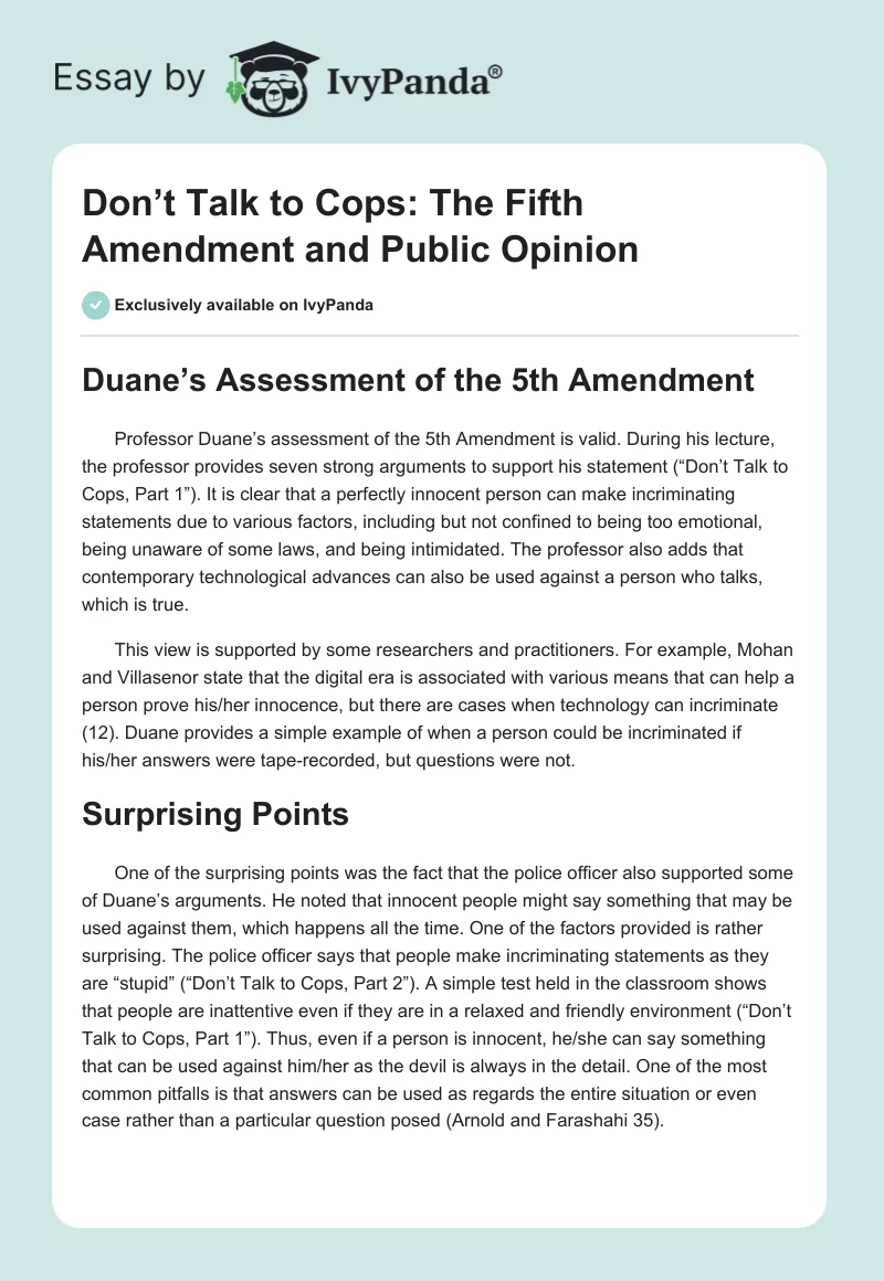 Don’t Talk to Cops: The Fifth Amendment and Public Opinion. Page 1
