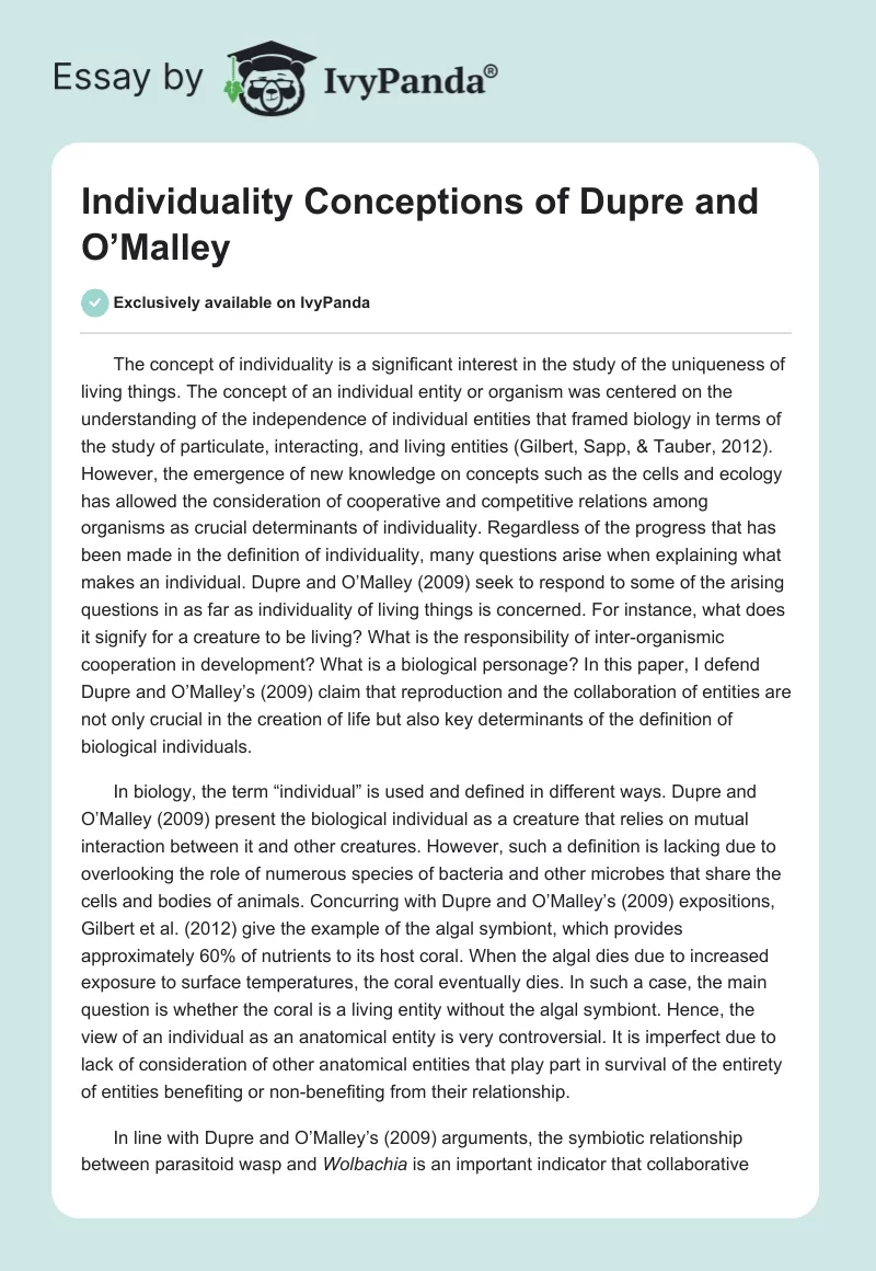 Individuality Conceptions of Dupre and O’Malley. Page 1