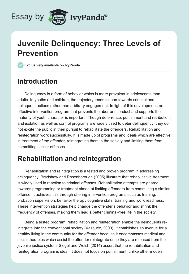 Juvenile Delinquency: Three Levels of Prevention. Page 1