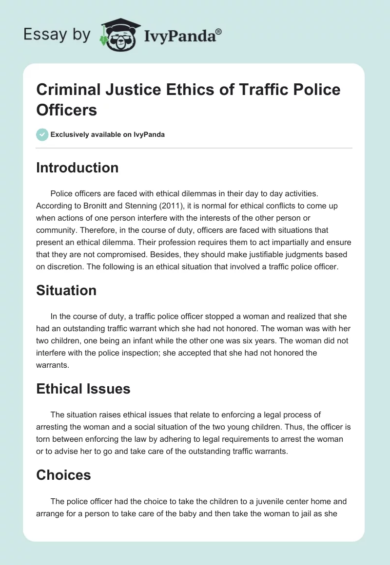 Criminal Justice Ethics of Traffic Police Officers. Page 1