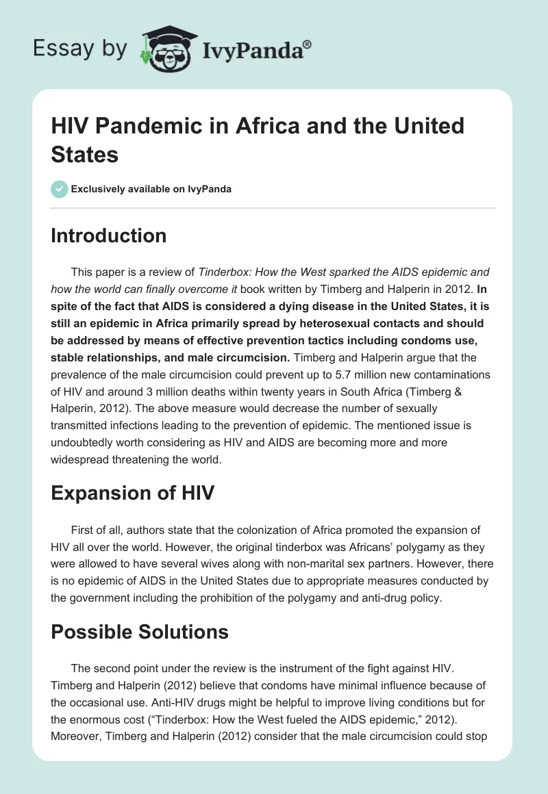HIV Pandemic in Africa and the United States. Page 1