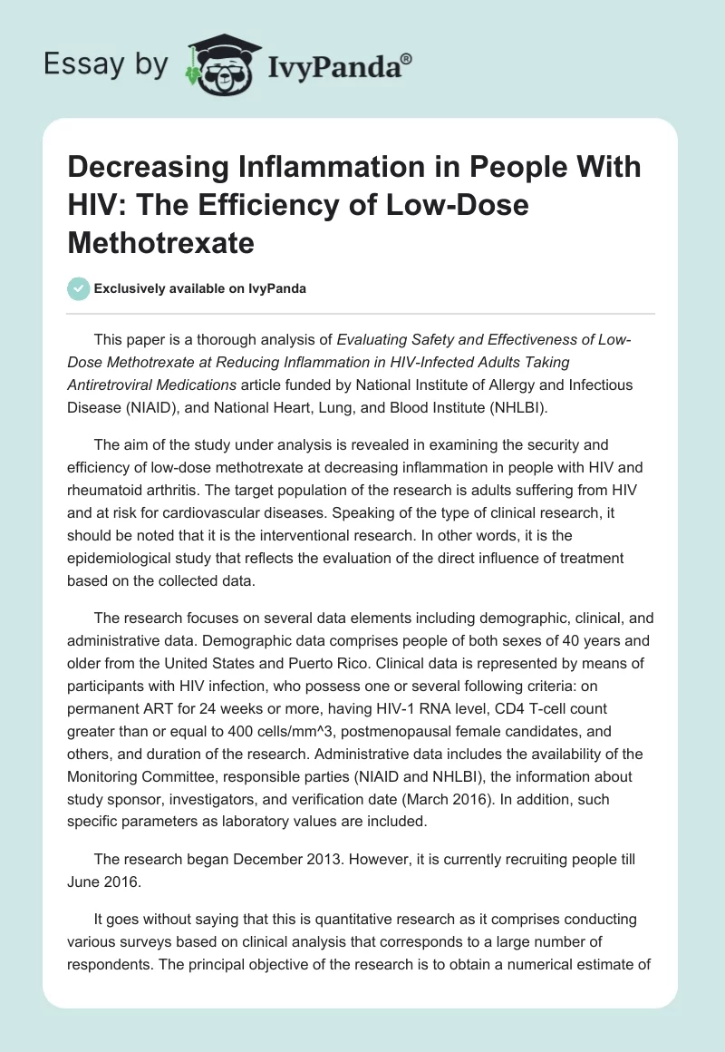 Decreasing Inflammation in People With HIV: The Efficiency of Low-Dose Methotrexate. Page 1