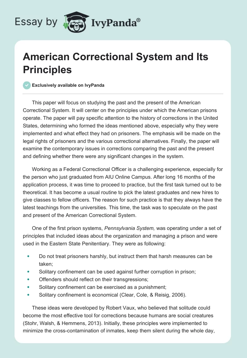 American Correctional System and Its Principles. Page 1
