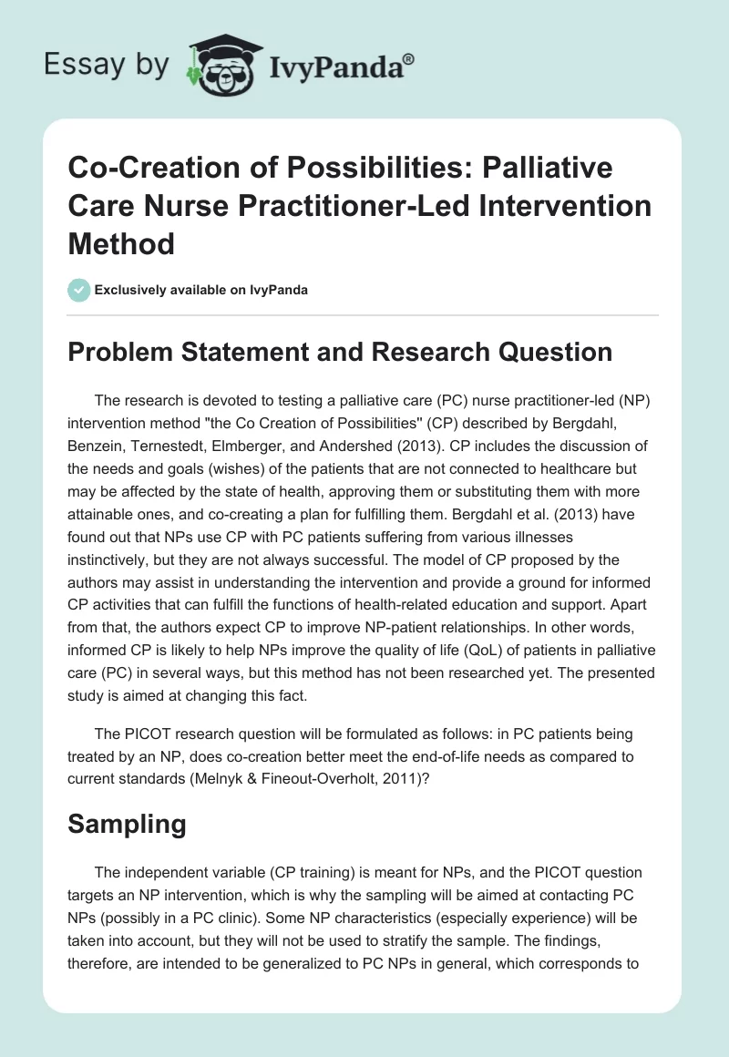 Co-Creation of Possibilities: Palliative Care Nurse Practitioner-Led Intervention Method. Page 1