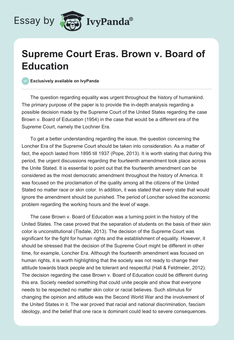 Supreme Court Eras. Brown vs. Board of Education. Page 1