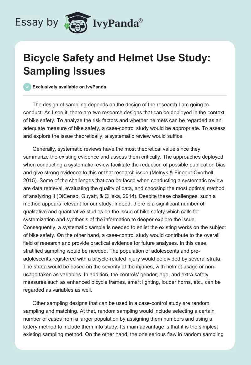 Bicycle Safety and Helmet Use Study: Sampling Issues. Page 1