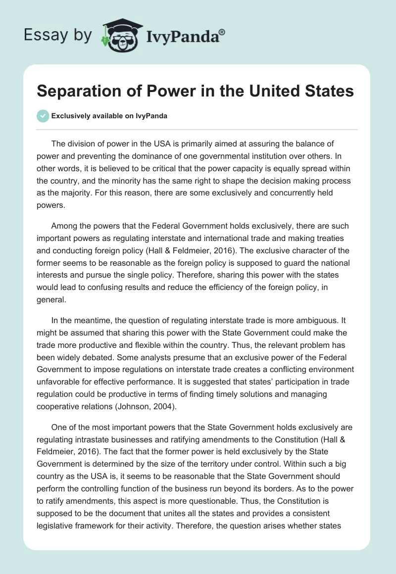 Separation of Power in the United States. Page 1