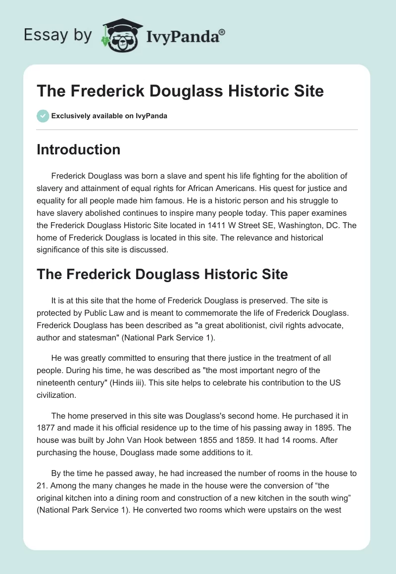 The Frederick Douglass Historic Site. Page 1