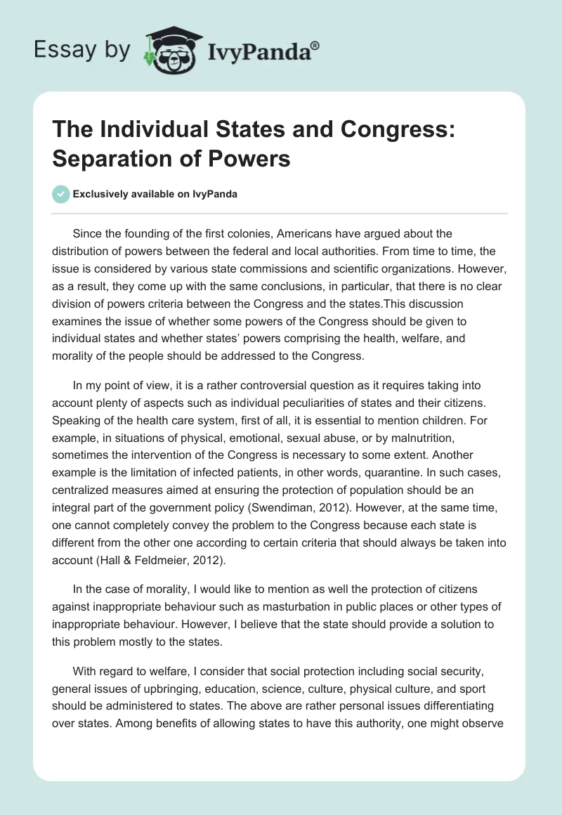The Individual States and Congress: Separation of Powers. Page 1