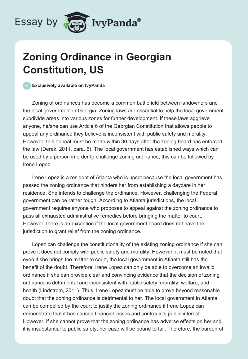 Zoning Ordinance in Georgian Constitution, US. Page 1
