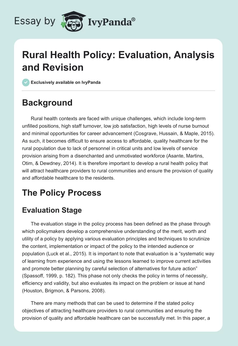 Rural Health Policy: Evaluation, Analysis and Revision. Page 1
