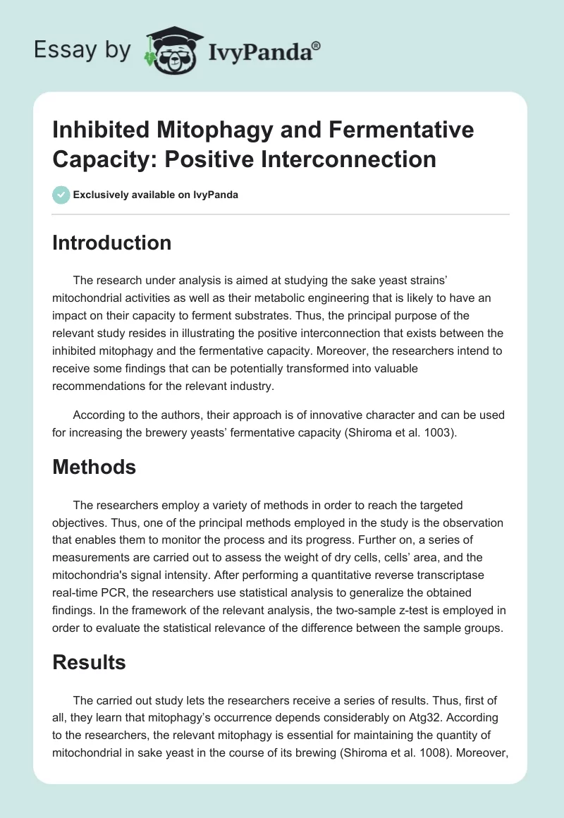 Inhibited Mitophagy and Fermentative Capacity: Positive Interconnection. Page 1