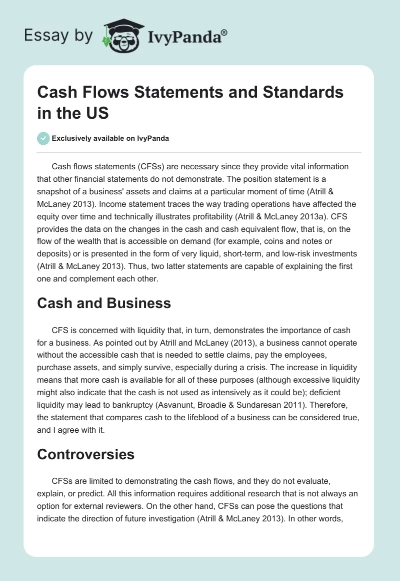 Cash Flows Statements and Standards in the US. Page 1
