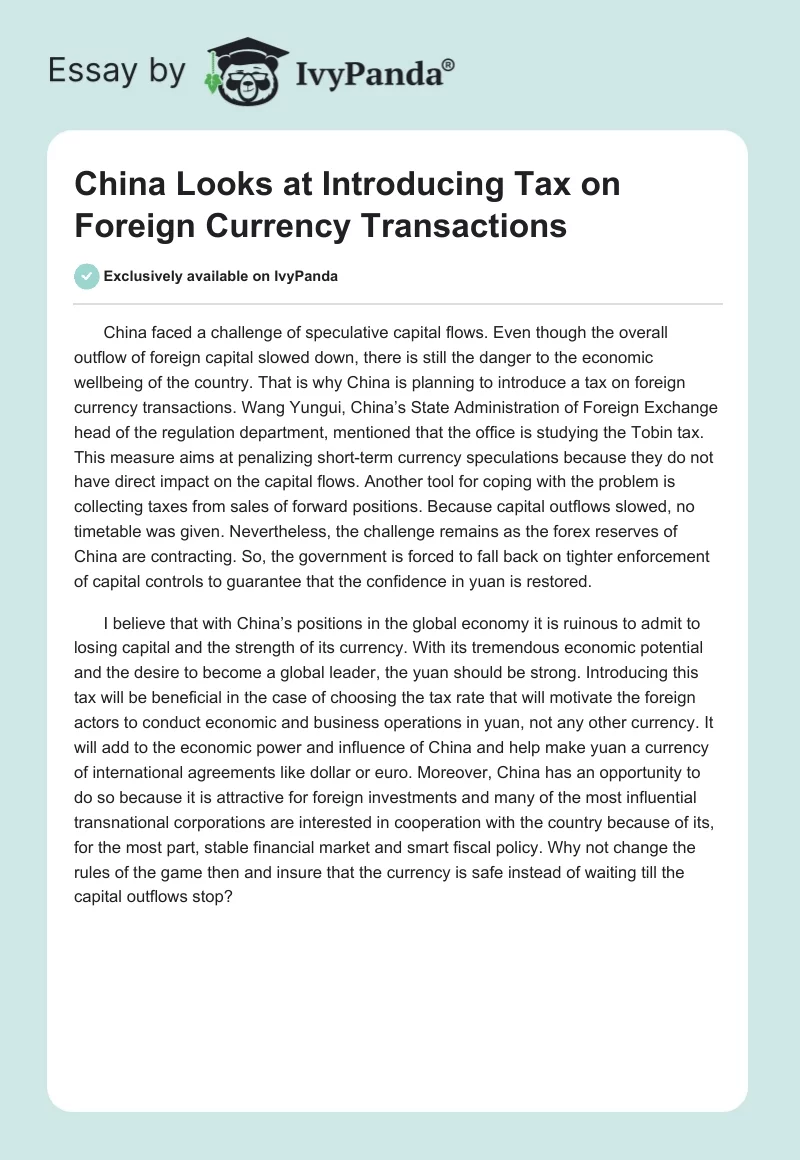 China Looks at Introducing Tax on Foreign Currency Transactions. Page 1