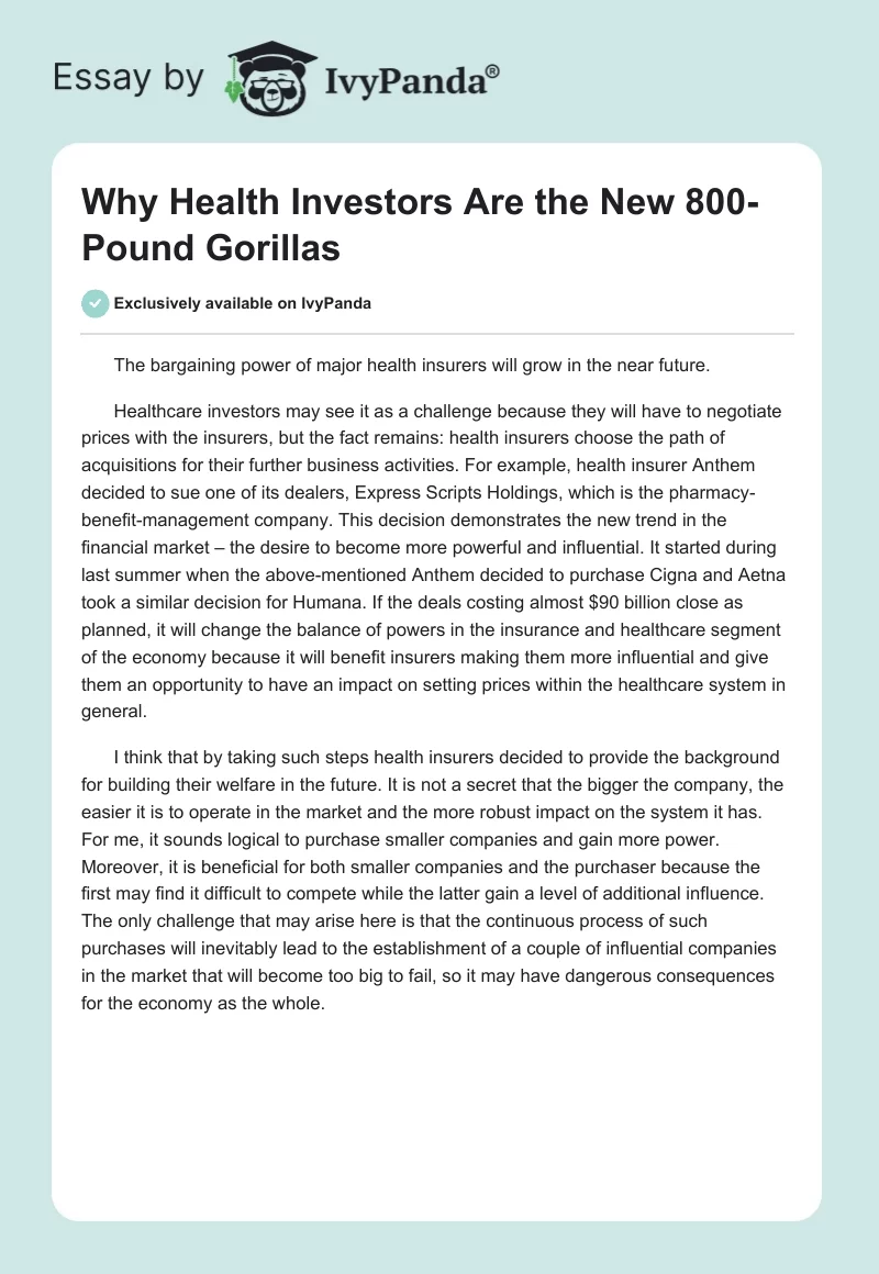 Why Health Investors Are the New 800-Pound Gorillas. Page 1