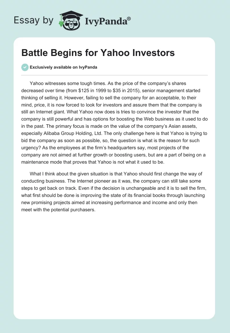 Battle Begins for Yahoo Investors. Page 1