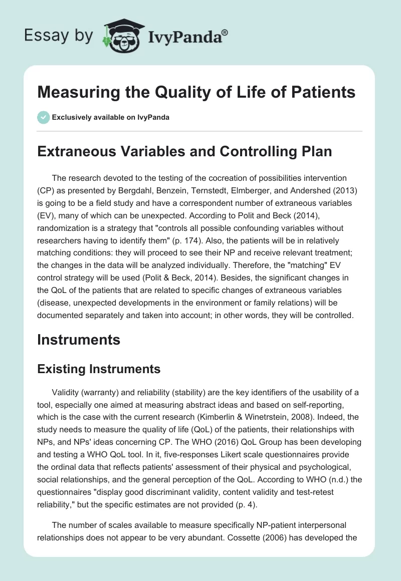 Measuring the Quality of Life of Patients. Page 1
