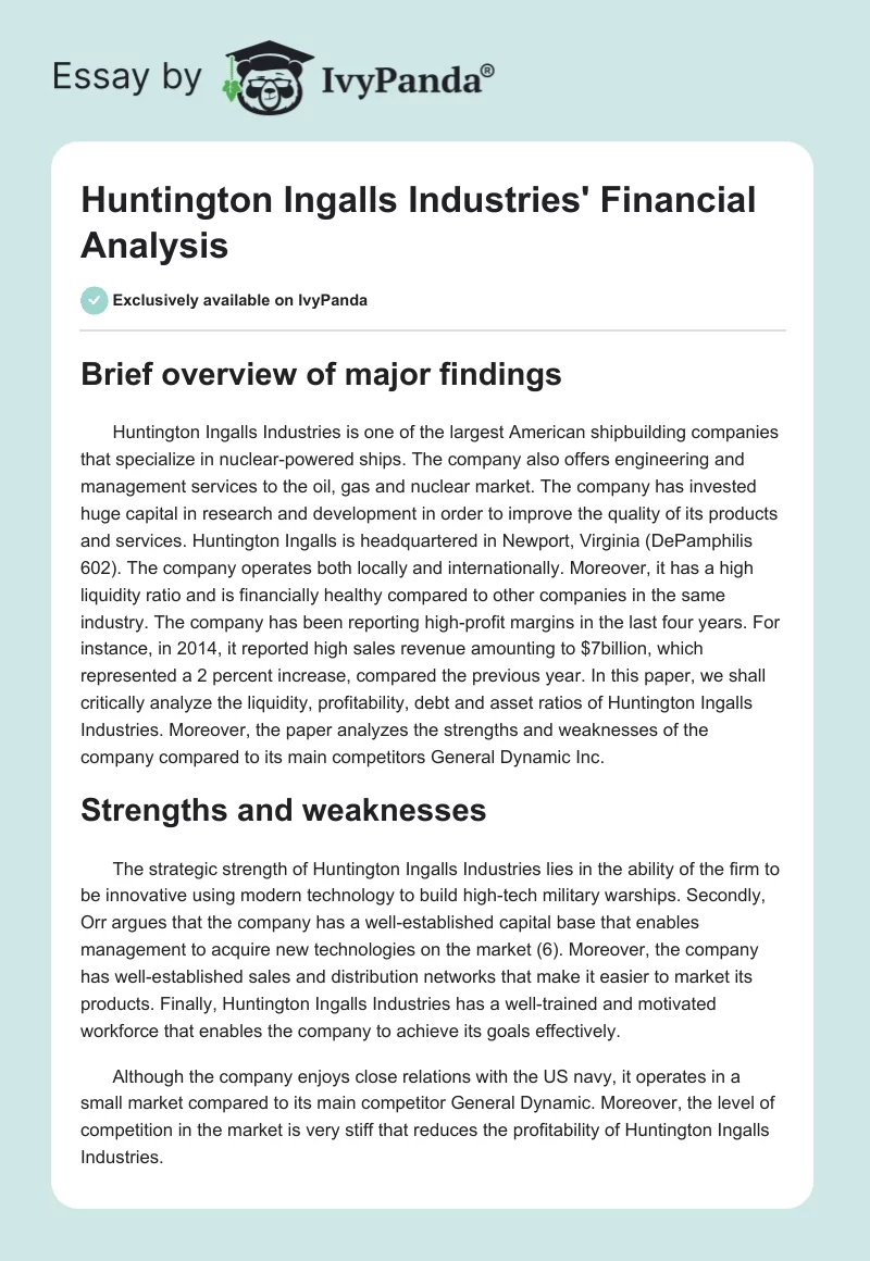 Huntington Ingalls Industries' Financial Analysis. Page 1