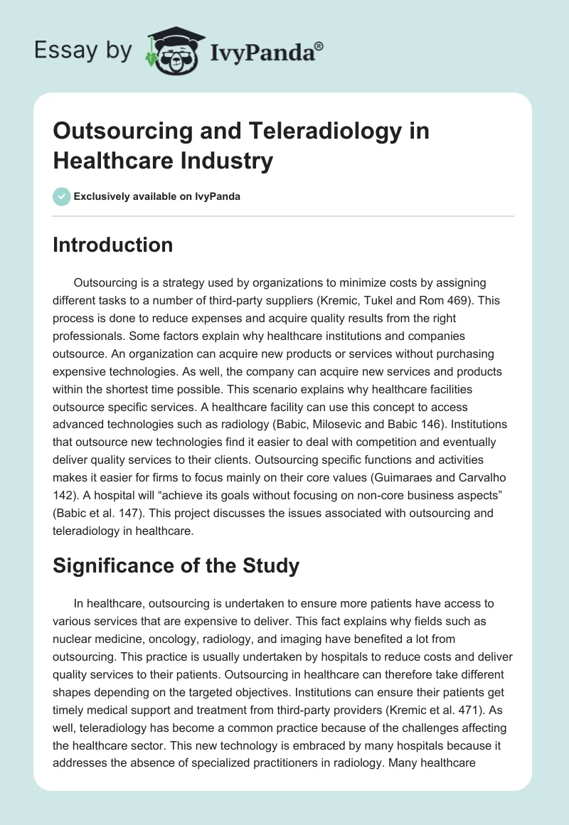 Outsourcing and Teleradiology in Healthcare Industry. Page 1