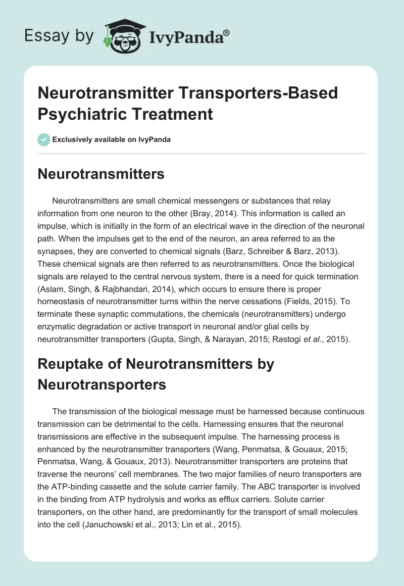 Neurotransmitter Transporters-Based Psychiatric Treatment. Page 1