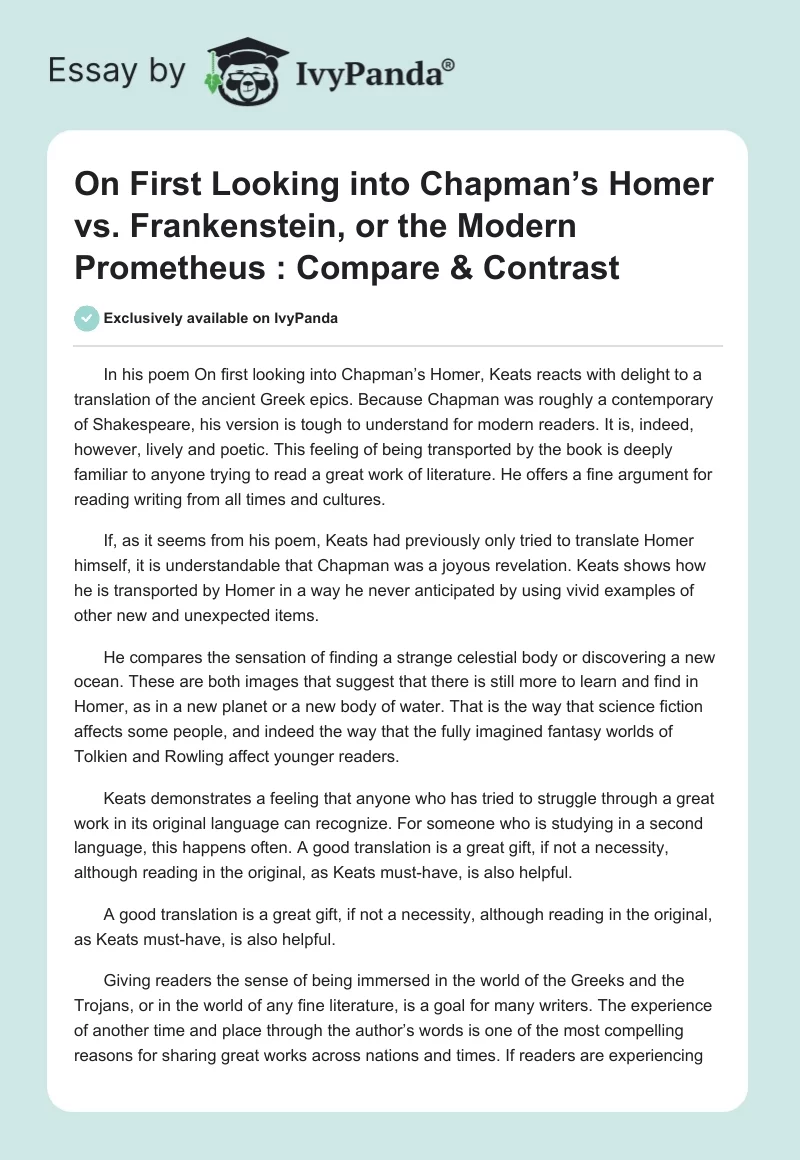 "On First Looking into Chapman’s Homer" vs. "Frankenstein, or the Modern Prometheus" : Compare & Contrast. Page 1